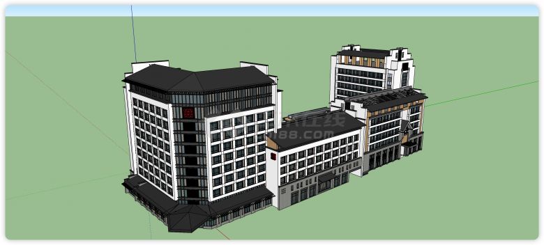 白色主体黑色瓦顶办公楼su模型-图一