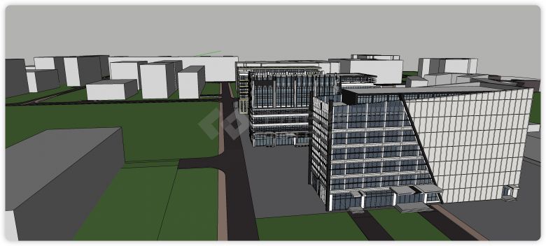 黑色钢结构白色和玻璃主体办公楼su模型-图二