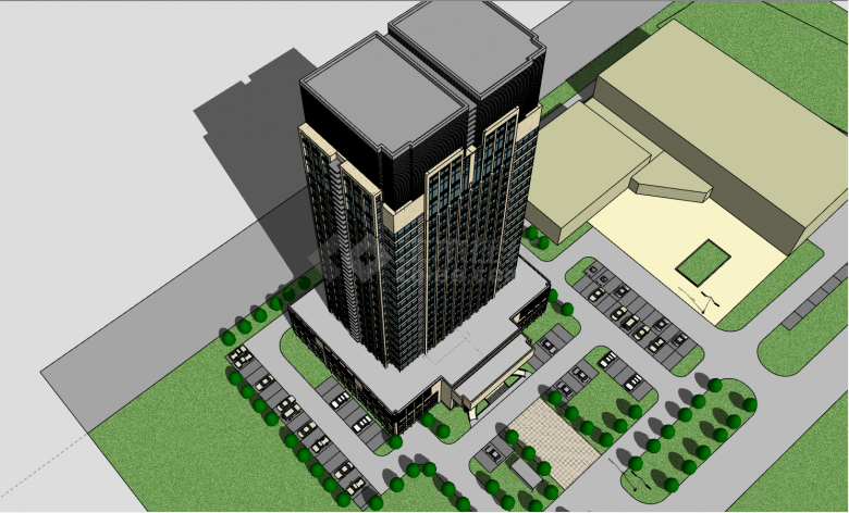 带有停车场绿化的高层办公大楼su模型-图二