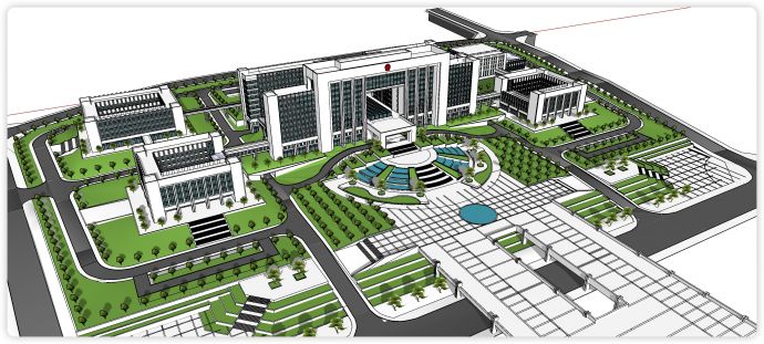 白色主体绿色玻璃办公楼行政中心全模su模型_图1