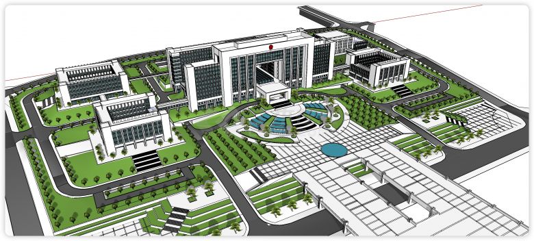 白色主体绿色玻璃办公楼行政中心全模su模型-图一