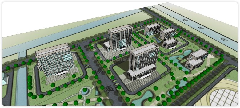 米灰色矩形砖主体办公楼行政办公区su模型-图二
