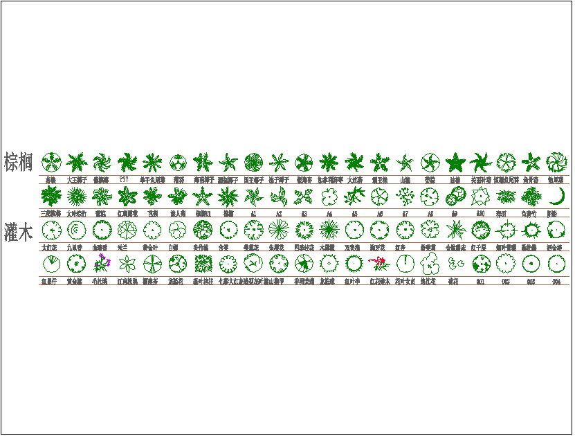 棕榈及灌木绿植图例表平面图（含树木摆放图）