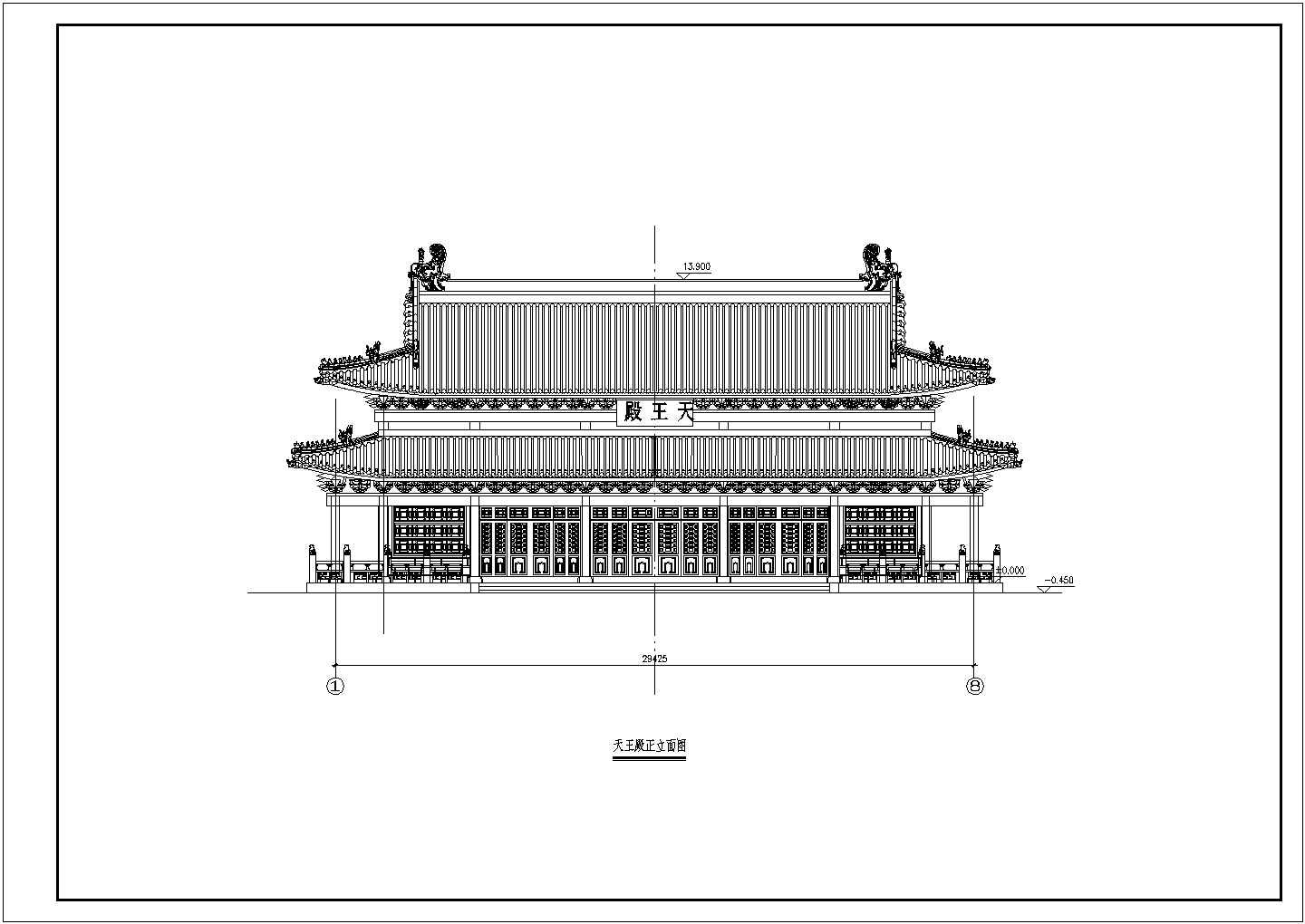大型仿古寺庙主殿的建筑和结构图纸