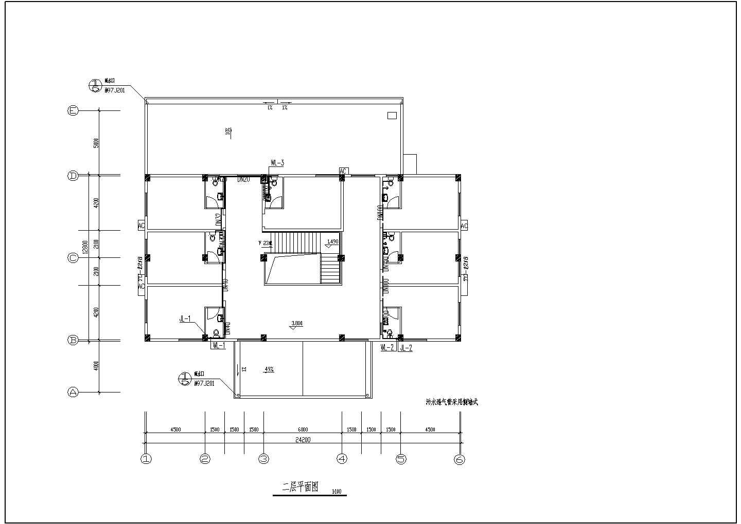 2层小型居住楼排水平面设计施工图纸