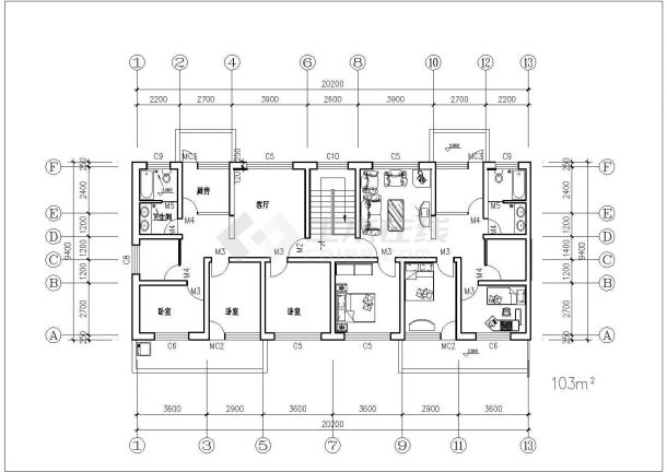 住宅楼户型标准层建筑设计平面图纸-图一