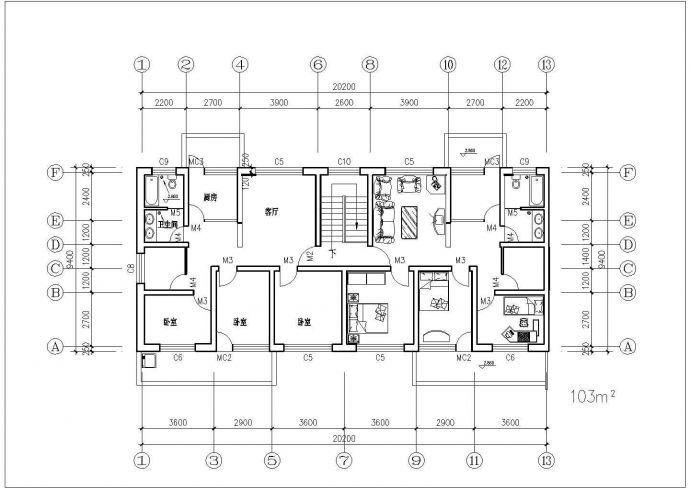 住宅楼户型标准层建筑设计平面图纸_图1