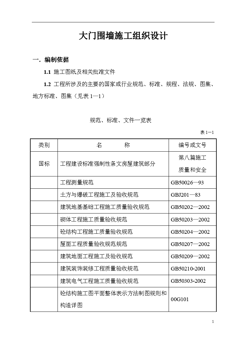 某别墅大门围墙施工组织设计方案