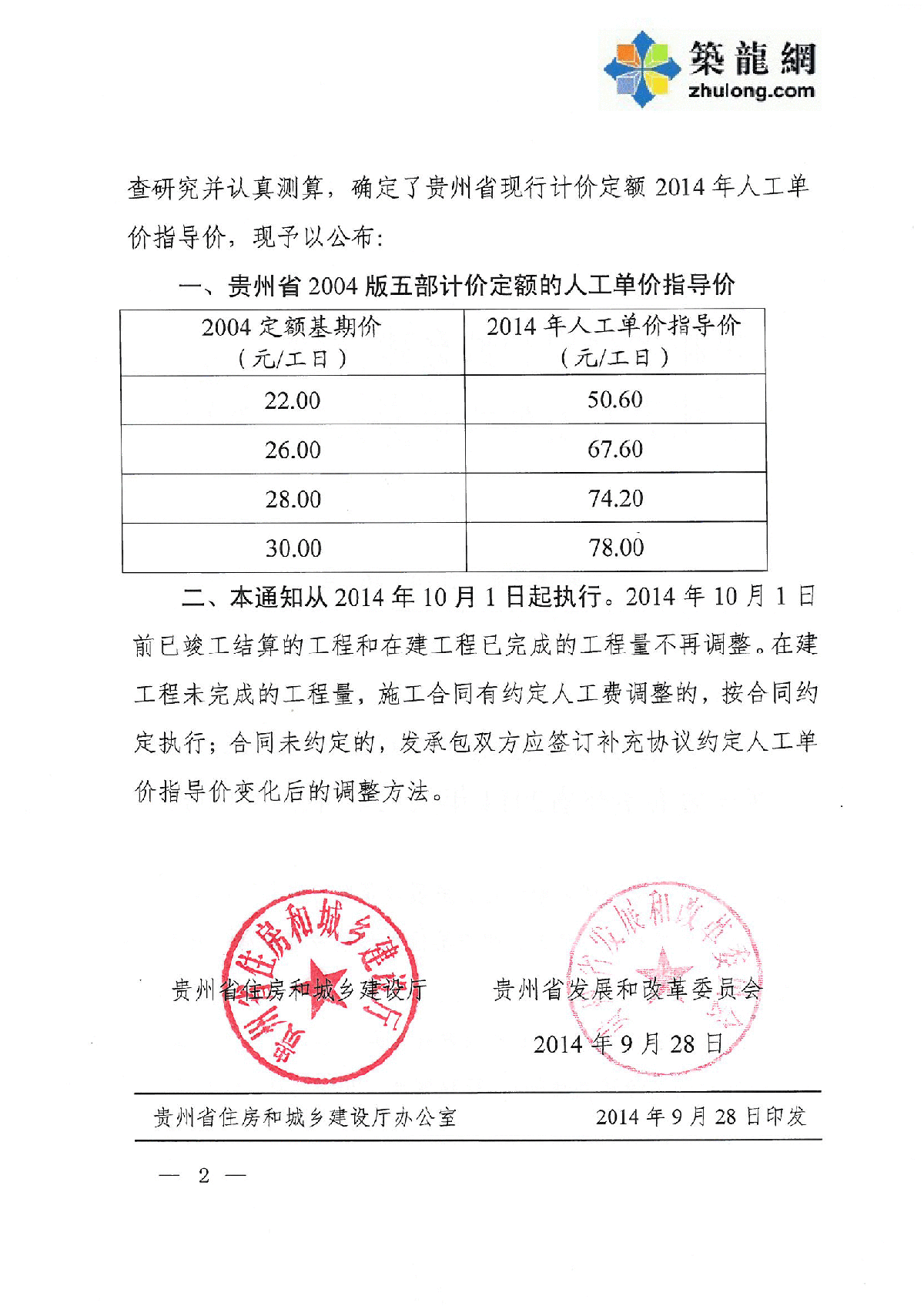 [贵州]人工费调整的指导价文件(黔建建通[2014]463号文)-图二