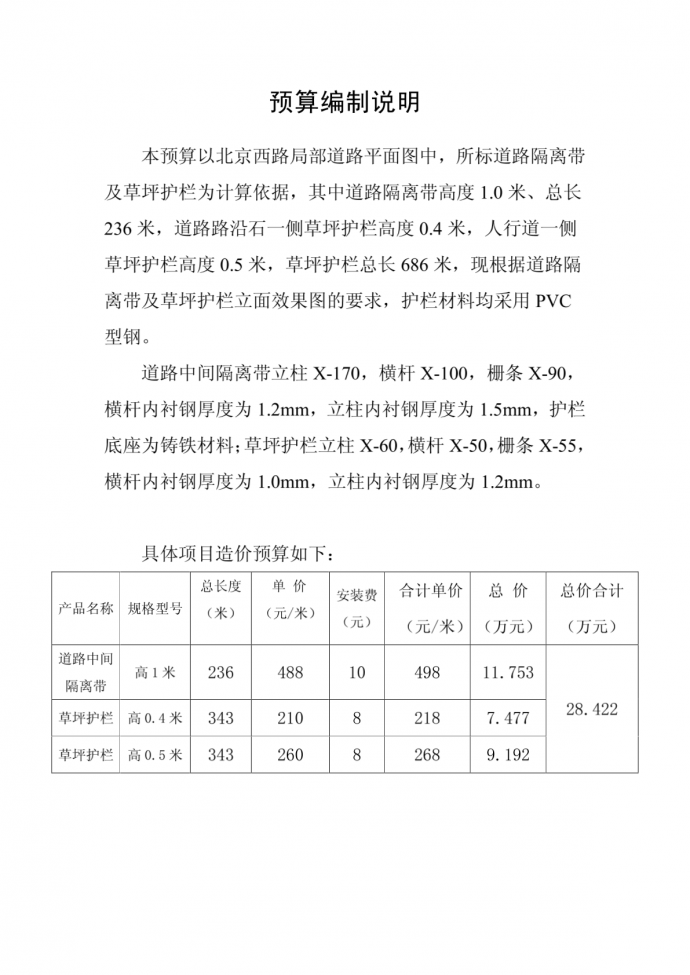 北京西路局部道路护栏及草坪护栏预算书_图1