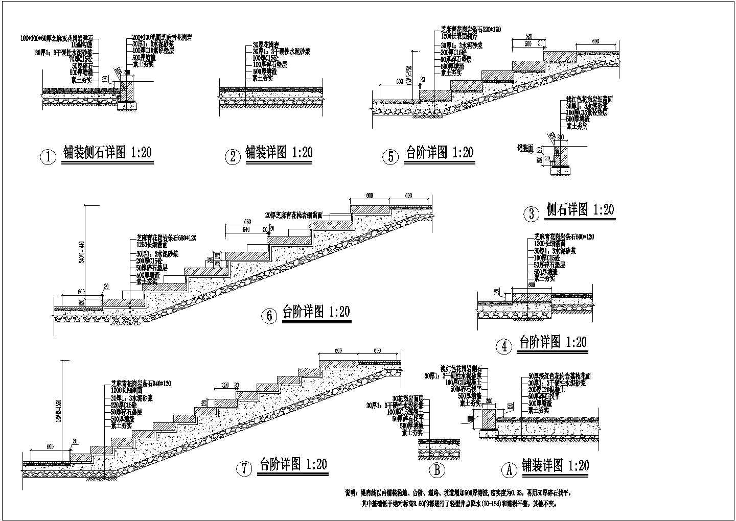 几种台阶矮墙坡道步道及道牙铺装CAD大样图