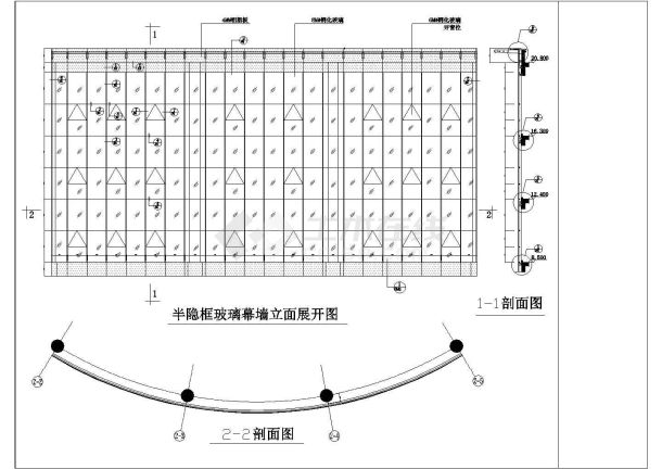 上海企业办公楼外墙铝塑板玻璃幕墙施工CAD设计图（沿街600多平米）-图二
