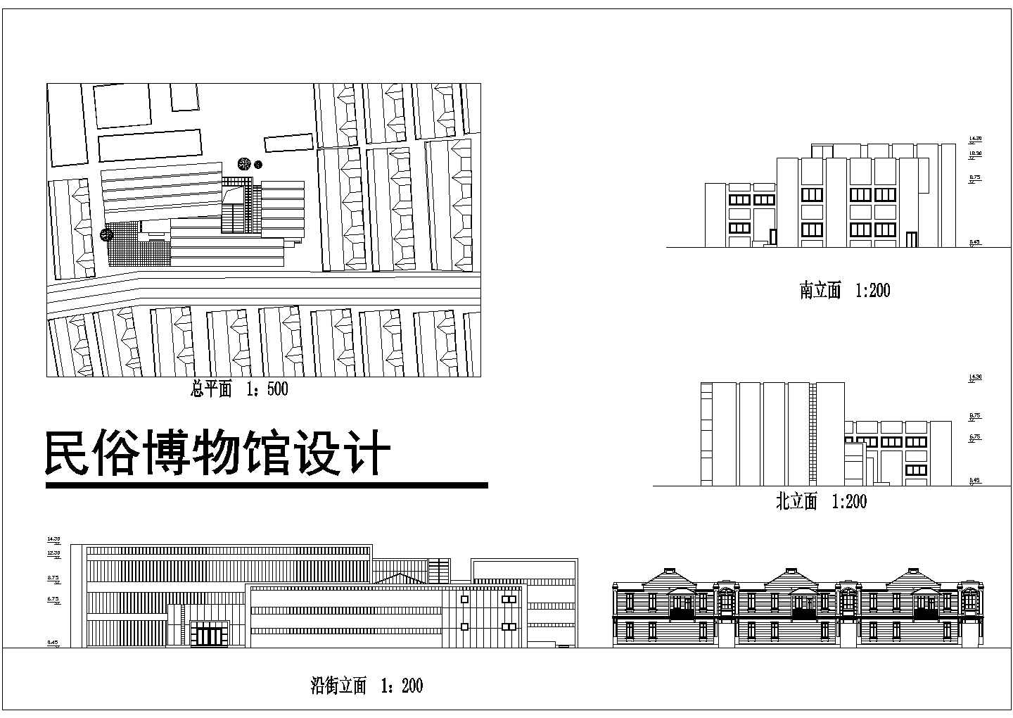 三层沿街民俗文化展览馆建筑设计CAD方案图