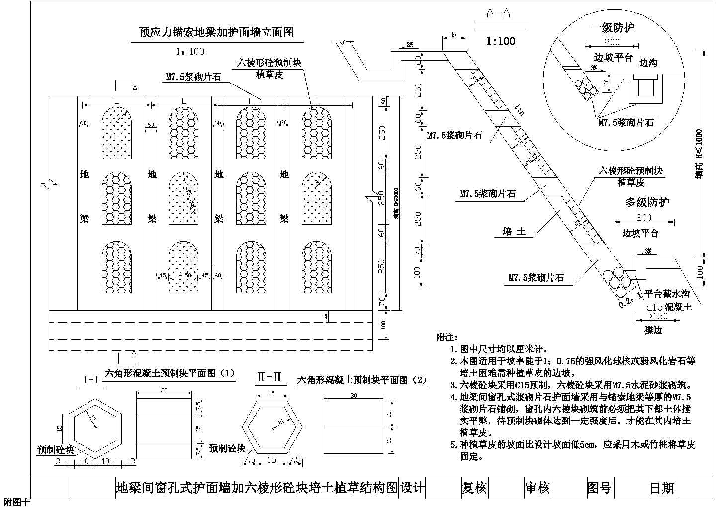 道路边坡植草防护cad设计施工图纸（挂网喷护 浆砌片石护等）