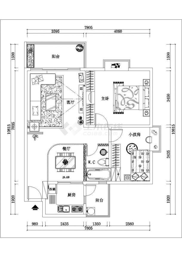 温馨两房室内细致装修设计cad施工图（两阳台）-图一