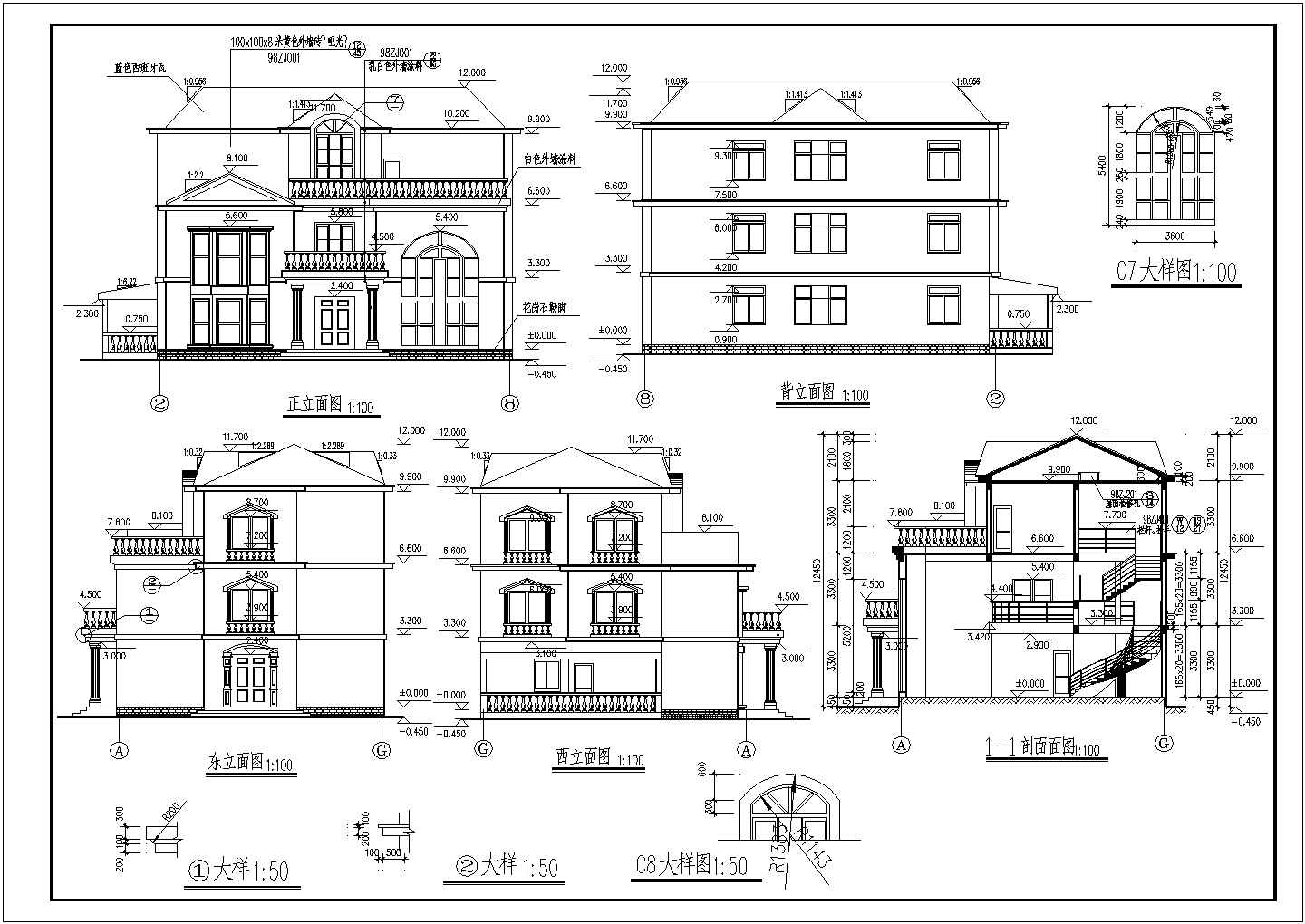 一套三层混合结构螺旋楼梯别墅的建筑施工图cad