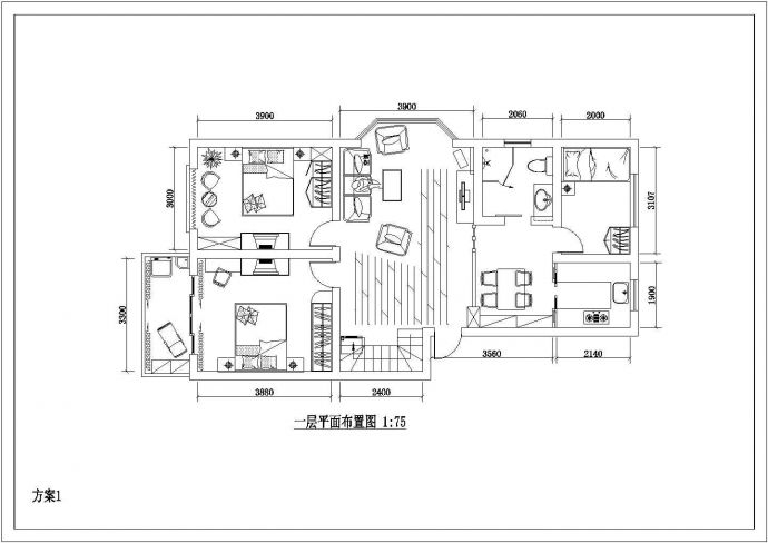 经典宽户型三房室内装修cad设计施工图_图1