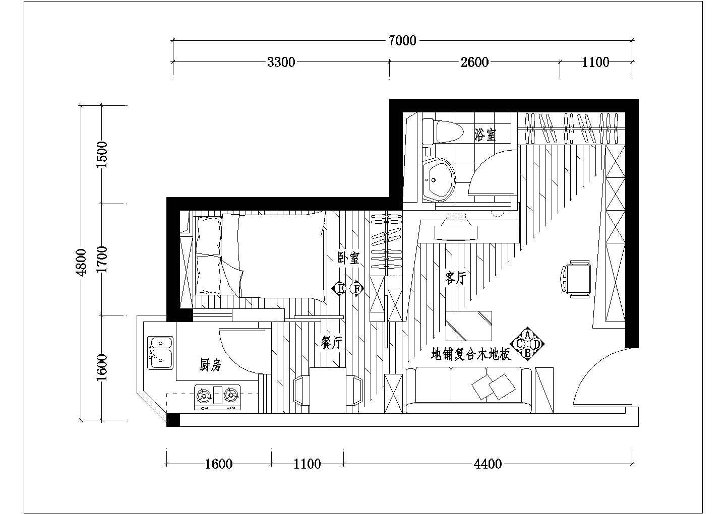 L型一室一厅公寓装修cad平立面施工图