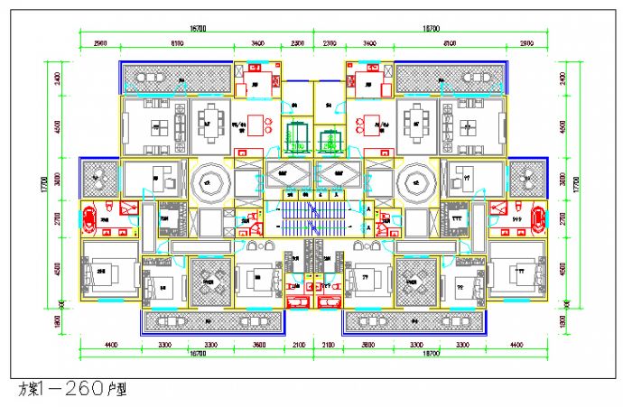 263平两梯两户高层住宅小区户型方案设计cad图_图1