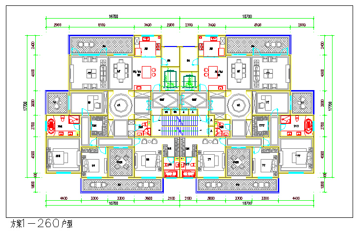 263平两梯两户高层住宅小区户型方案设计cad图