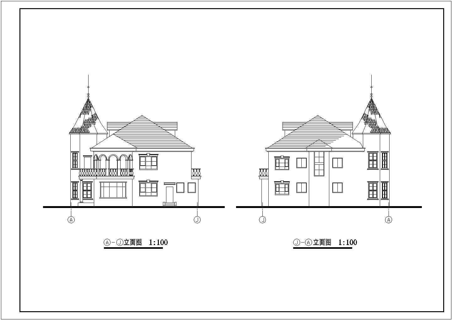 某城市独特尖屋顶三层别墅建筑设计图