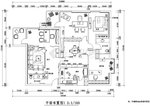 很少见的配有秘书室三室家装设计方案CAD施工图-图一