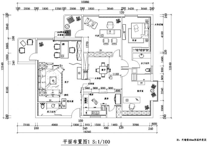 很少见的配有秘书室三室家装设计方案CAD施工图_图1
