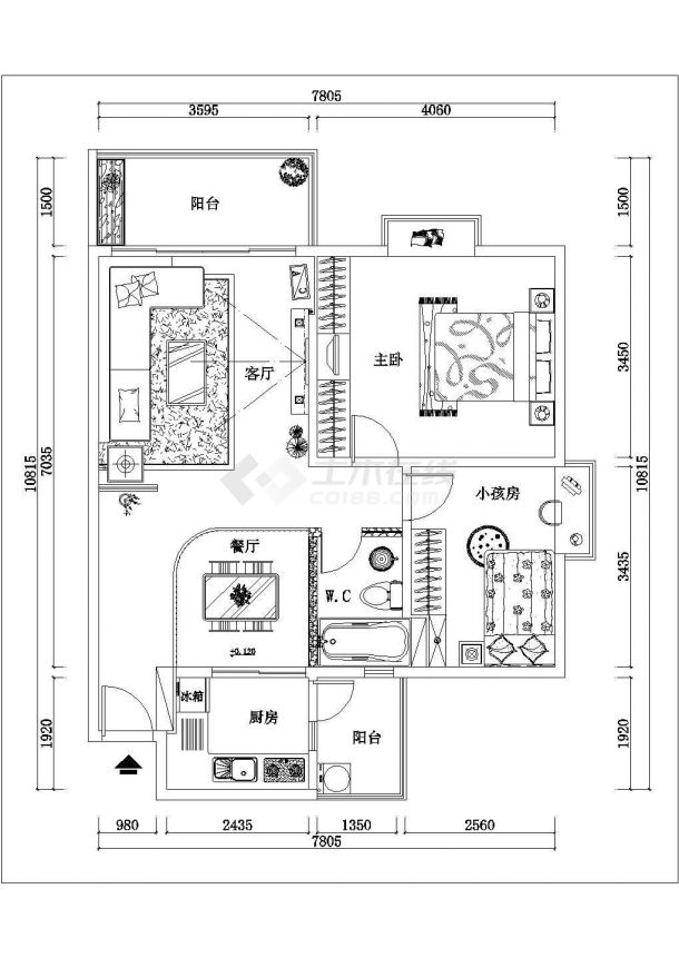 特别细致的经典二室家装设计CAD施工图（双阳台）-图一