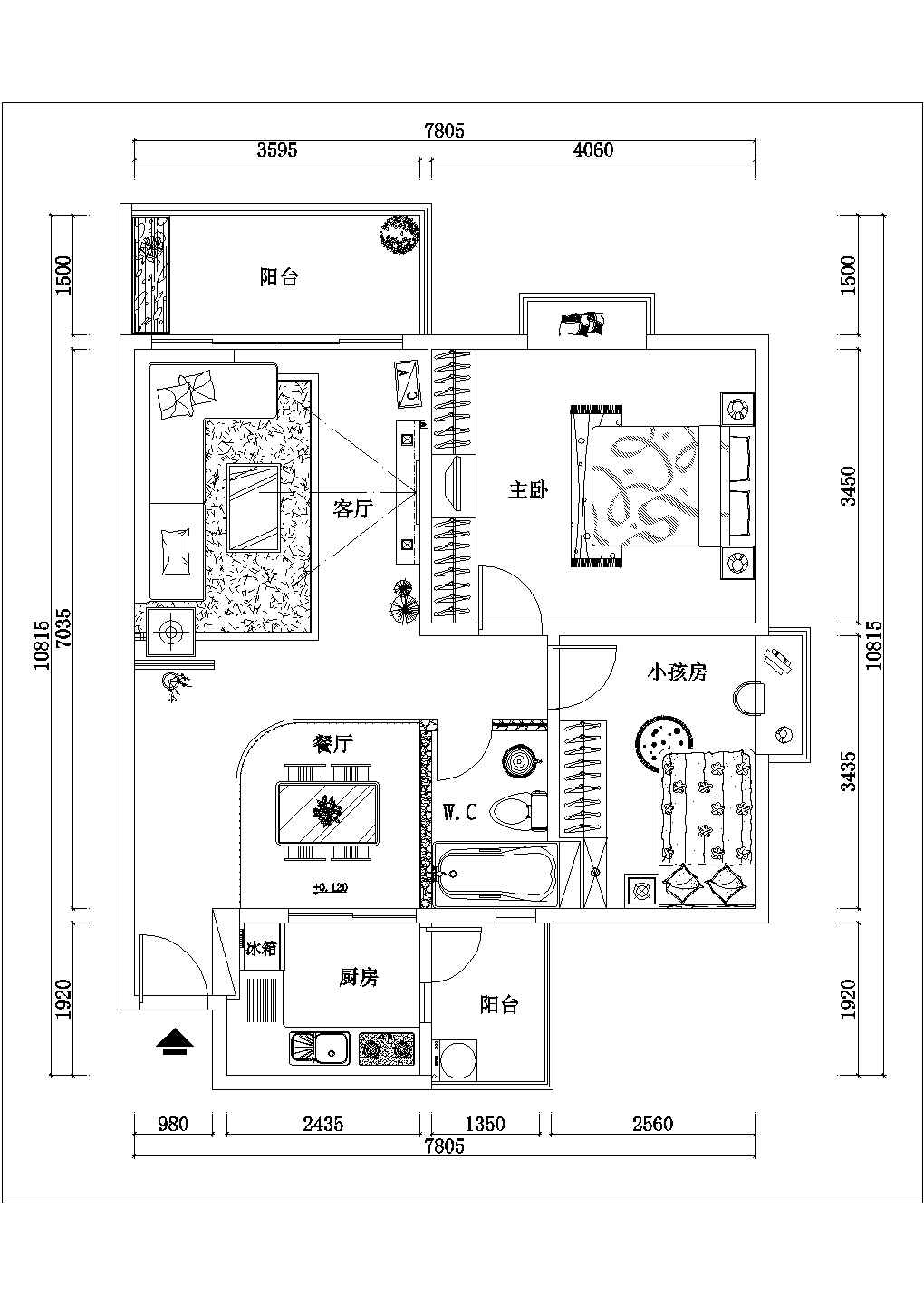 特别细致的经典二室家装设计CAD施工图（双阳台）