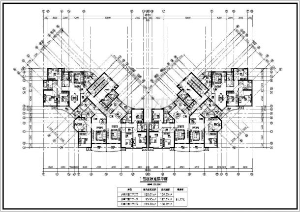 高层住宅蝶形二梯三户型cad设计图（120、160平米）-图一
