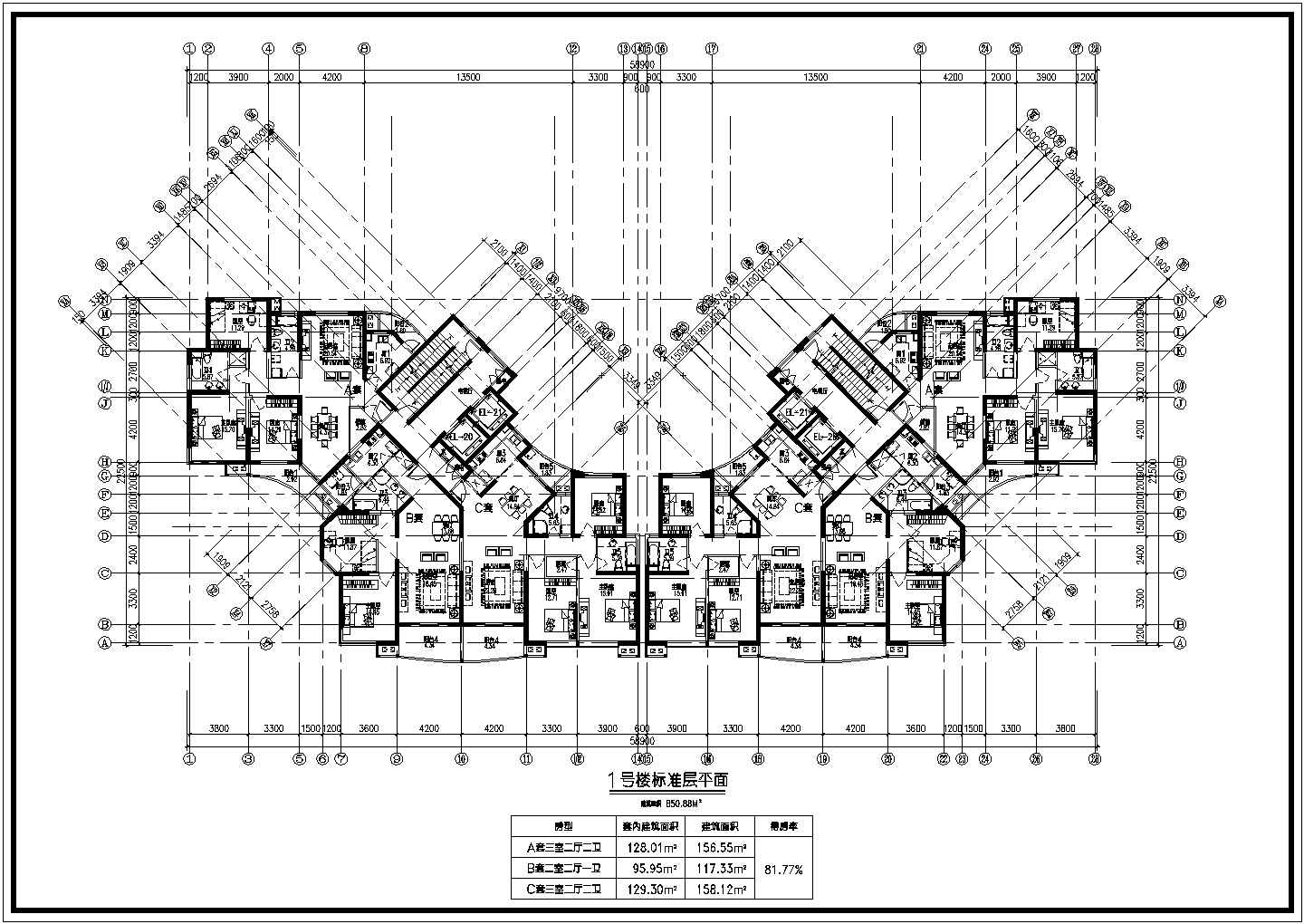 高层住宅蝶形二梯三户型cad设计图（120、160平米）