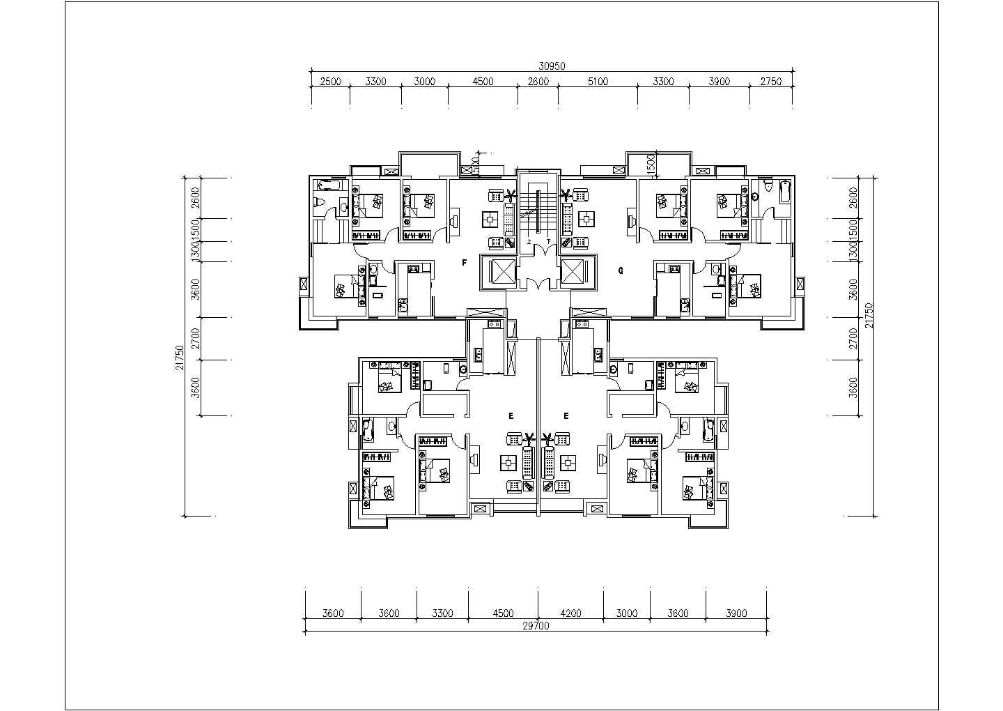 一梯四户高层住宅楼标准层户型图CAD设计图纸