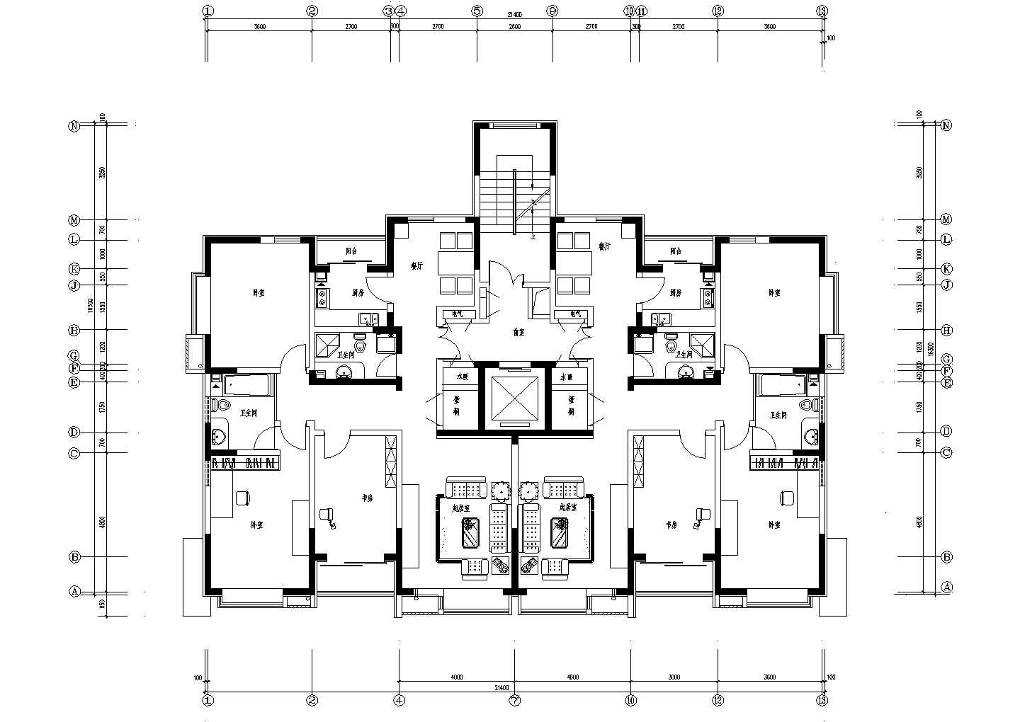 某高校一梯两户小高层公寓住宅建筑设计CAD户型平面图