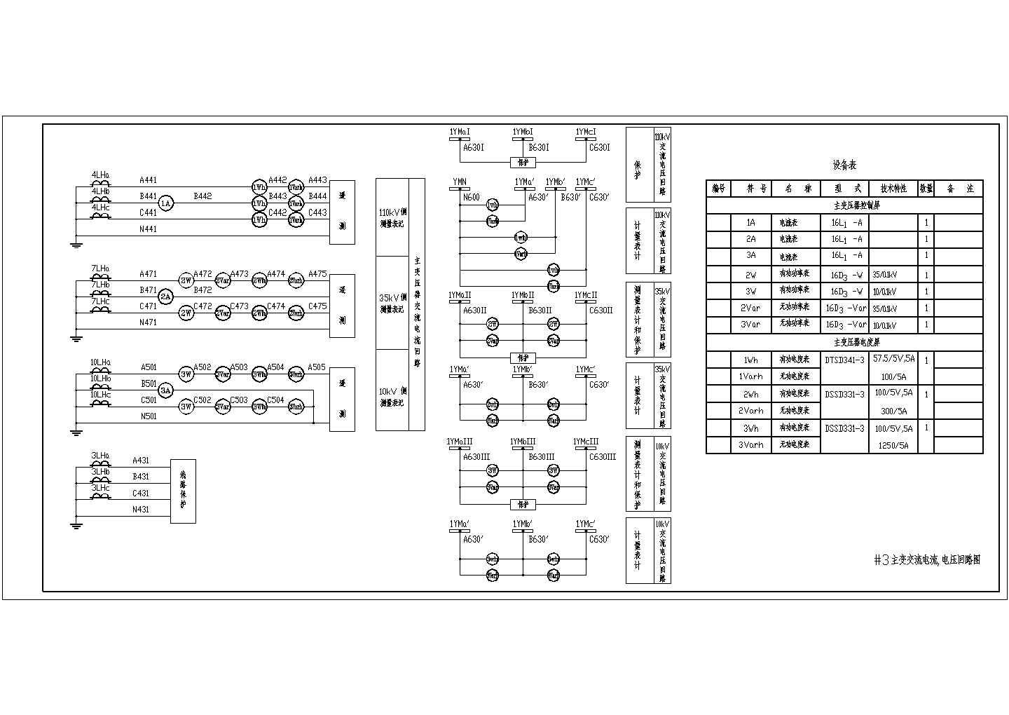 某地区主变交流电及电压回路图（含设备表）