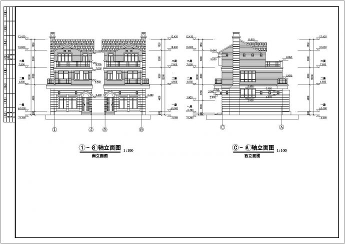 古典风格带夹层三层半双拼别墅建筑设计图_图1
