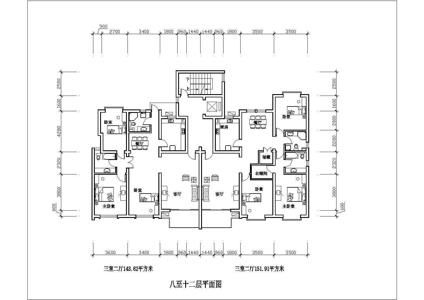某小区三室二厅143平米装修设计图纸