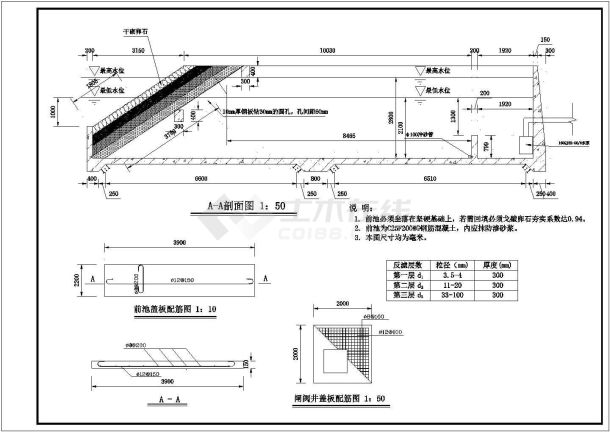 某小型引水前池平结构布置及钢筋图-图一