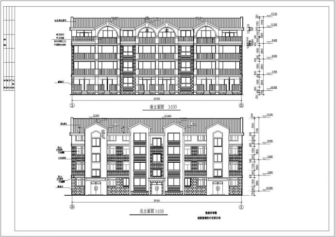 三栋局部四层联排别墅建筑CAD设计施工图（标注齐全）_图1