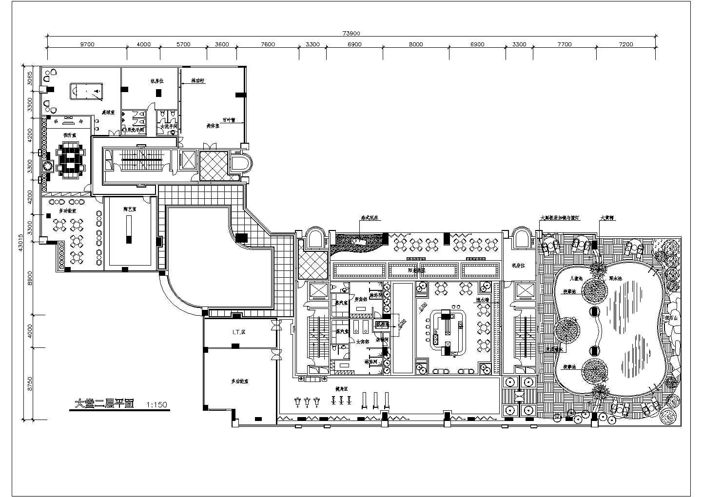 温泉娱乐中心二层大堂CAD平面图