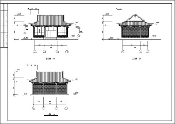 单层三间古代建筑庙宇大殿建筑CAD施工图（含详细说明）_图1
