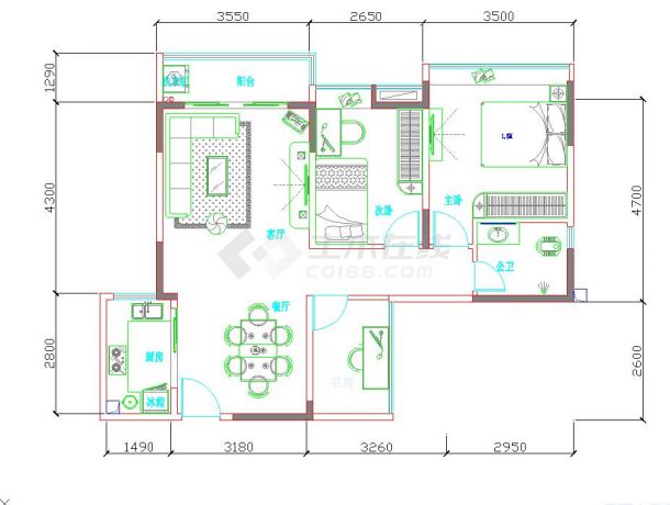 简易型三室两厅布局设计图（CAD版本）-图一