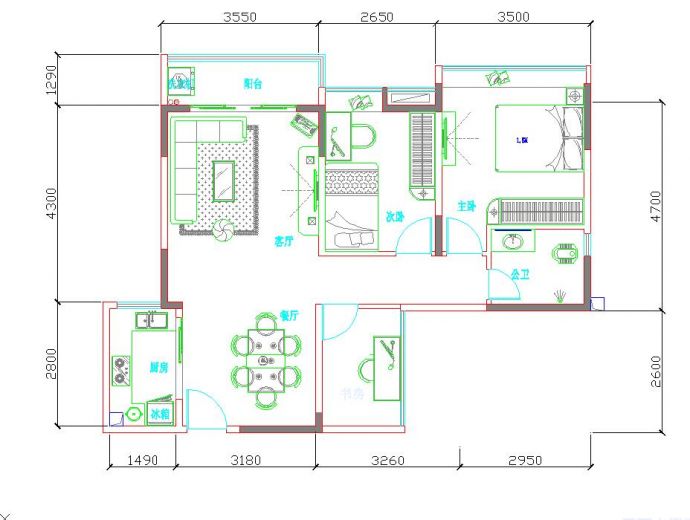简易型三室两厅布局设计图（CAD版本）_图1