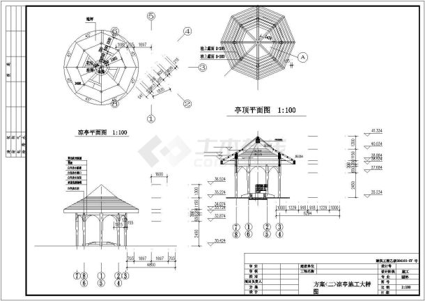 中式五角凉亭建筑设计标准cad施工图纸-图二