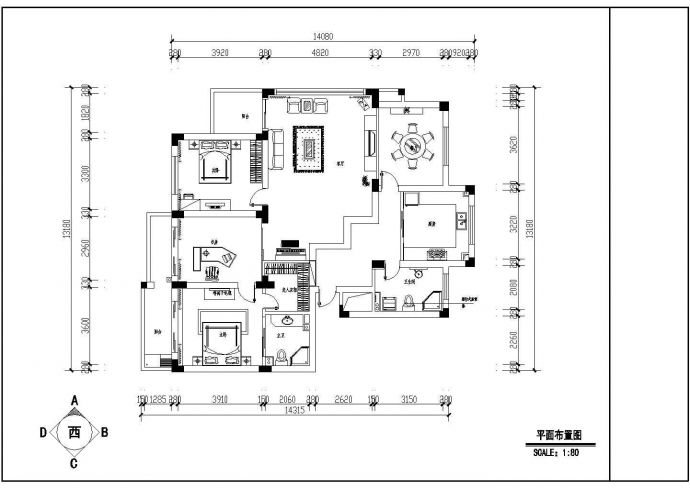 豪华四室户型大阳台装修施工cad设计平面图纸_图1