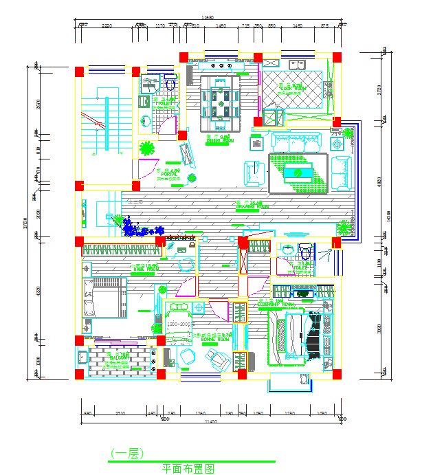 精装修二层别墅设计cad平面图（标注齐全）_图1