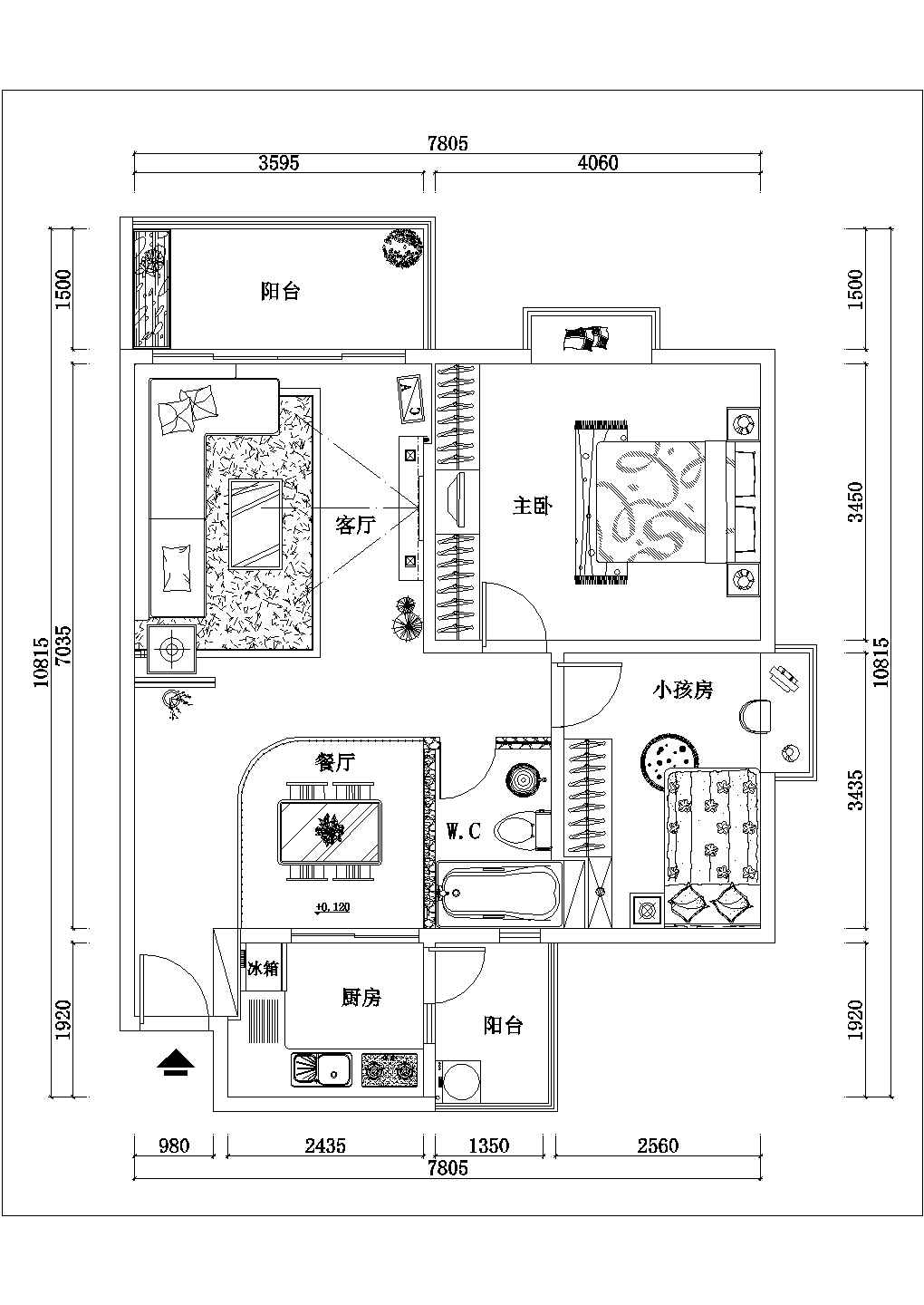 温馨小户型两室两厅精装修cad平面施工图（可跃层）