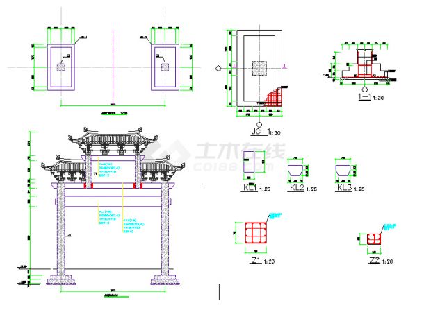 经典的徽派风格框架结构大门结构设计cad施工图（说明齐全）-图二