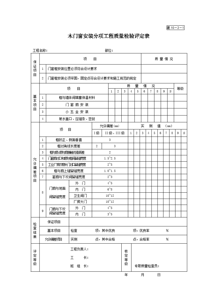 木门窗安装分项工程质量检验评定表-图一