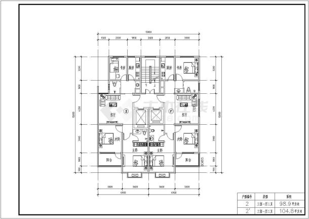 高层住宅楼多个户型设计cad平面布置图（98-125平方）-图二