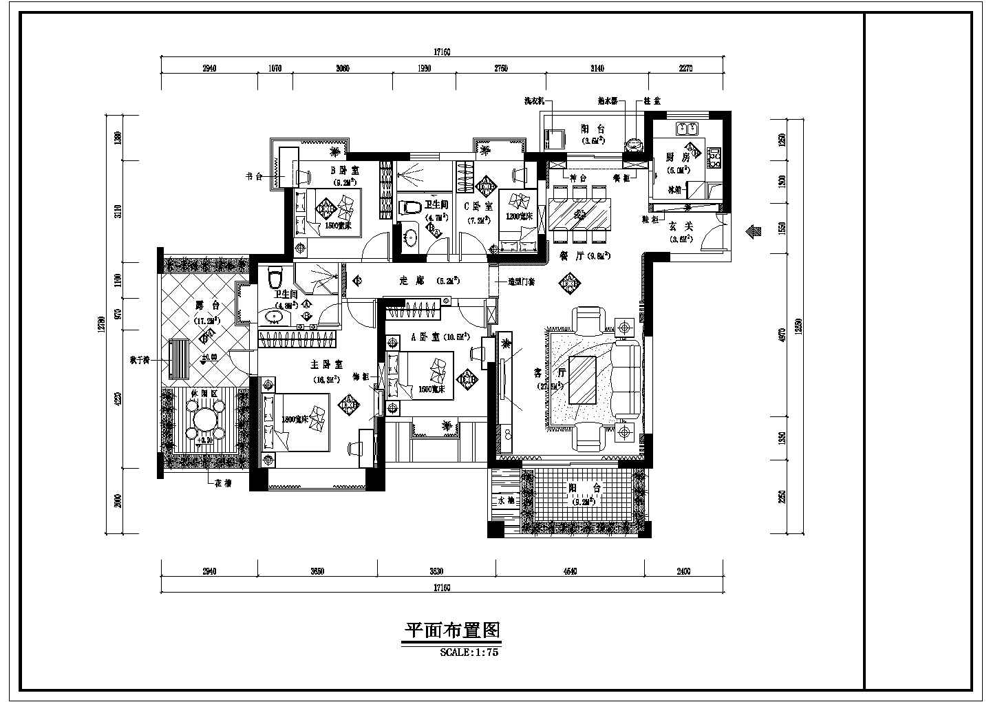 深圳豪华大户型四居室带休闲阳台装修设计cad方案图(带效果图)